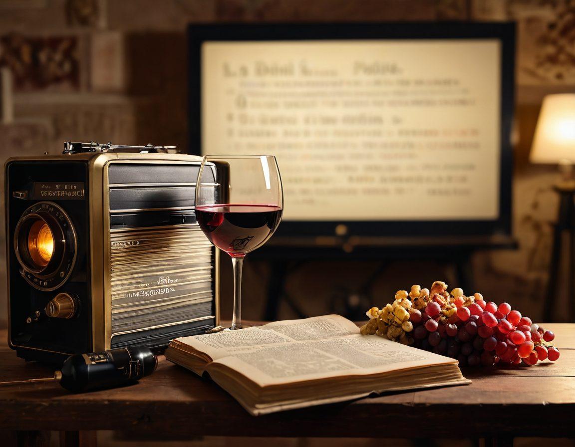A cozy evening scene with a stylish glass of red wine resting next to an open film script, with a vintage movie projector casting warm light on a nearby wall. Each element embodies a joyful merging of viniculture and film culture, with a subtle bokeh effect in the background. Include lush grapevines in soft focus and golden popcorn scattered on a rustic table. super-realistic. warm colors. soft lighting.