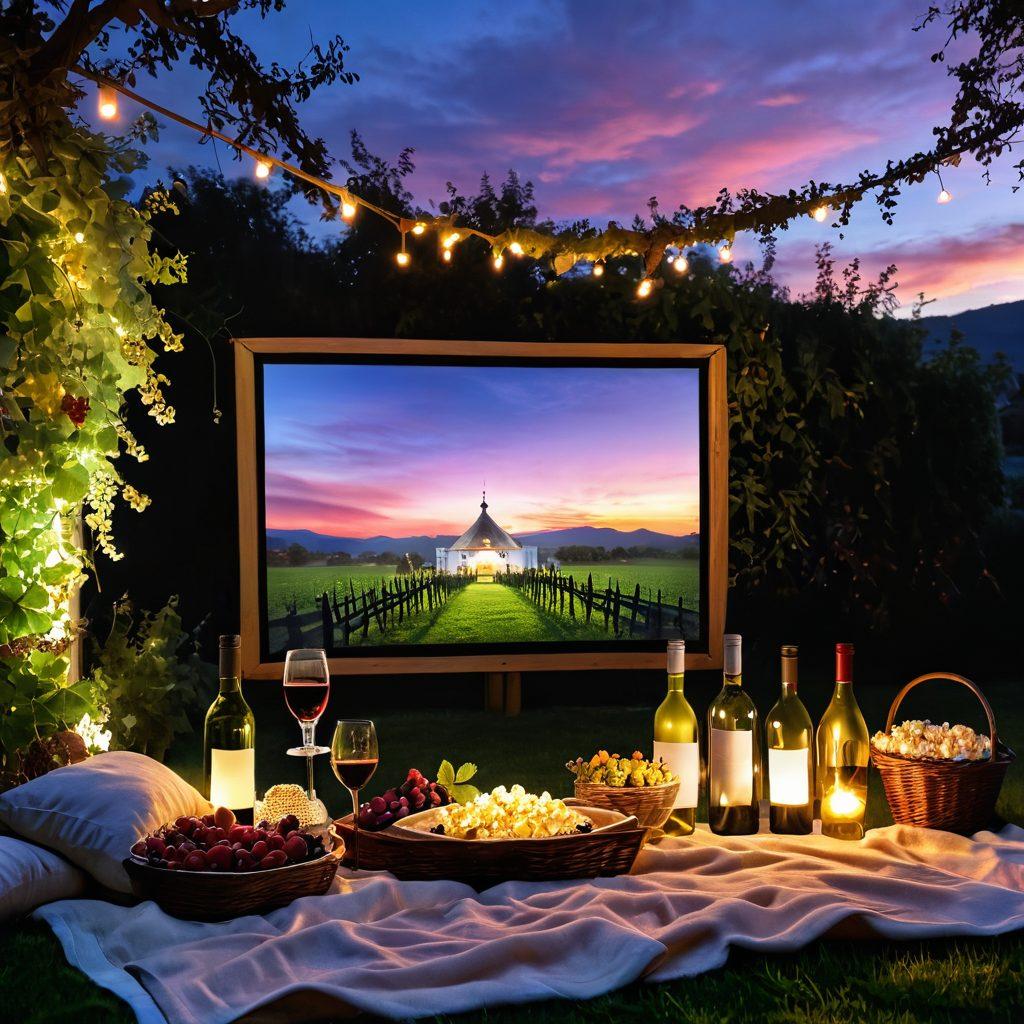 A cozy outdoor setting featuring a picnic blanket spread out with a variety of wine bottles and glasses, surrounded by grapevines under a twilight sky. In the background, a large screen is showing a classic film, with soft fairy lights hanging around. A couple is enjoying wine while laughing, and a basket filled with popcorn sits nearby. The atmosphere conveys leisure and enjoyment of viniculture and film watching. vibrant colors. warm lighting. 3D.