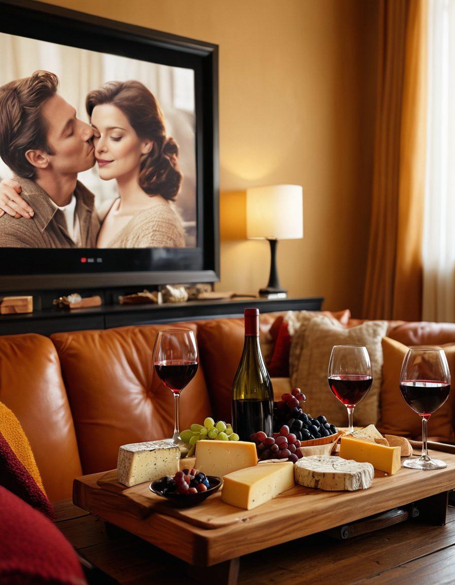A cozy living room setting with a large screen displaying a classic film, accompanied by an elegantly arranged wooden table showcasing various glasses of wine and a gourmet cheese board. Soft, warm lighting enhances the inviting atmosphere, while a plush sofa draped with a colorful blanket invites relaxation. The scene captures the essence of indulgence and comfort, enticing viewers to explore the perfect pairings of film and wine. super-realistic. warm colors. intimate ambiance.
